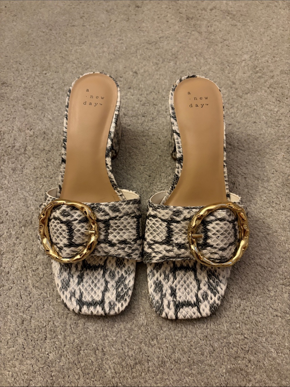 Snake-Print Slide Mules with Gold Buckles - White/Black